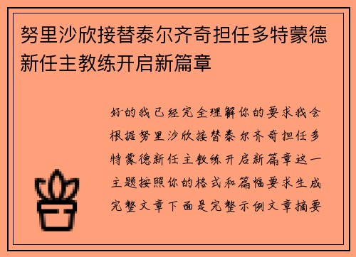 努里沙欣接替泰尔齐奇担任多特蒙德新任主教练开启新篇章