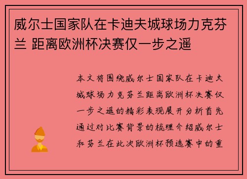 威尔士国家队在卡迪夫城球场力克芬兰 距离欧洲杯决赛仅一步之遥